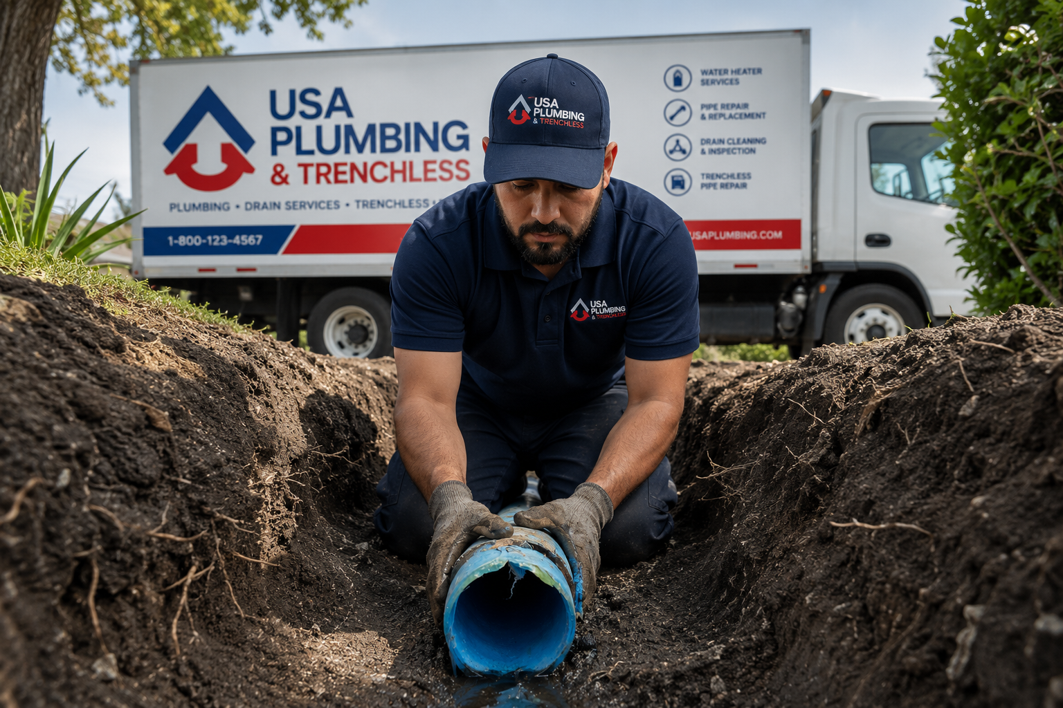 Technician feeding a resin-saturated liner into the sewer line through a small access point, the lawn undisturbed around the setup