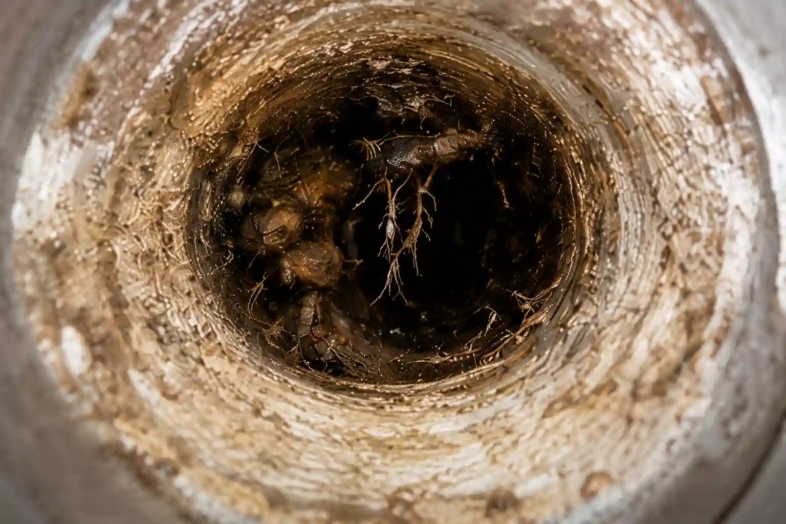 Camera view inside a blocked drain line, a mass of tree roots and hardened scale narrowing the pipe to a fraction of its bore with grease build-up ridging the walls around the opening