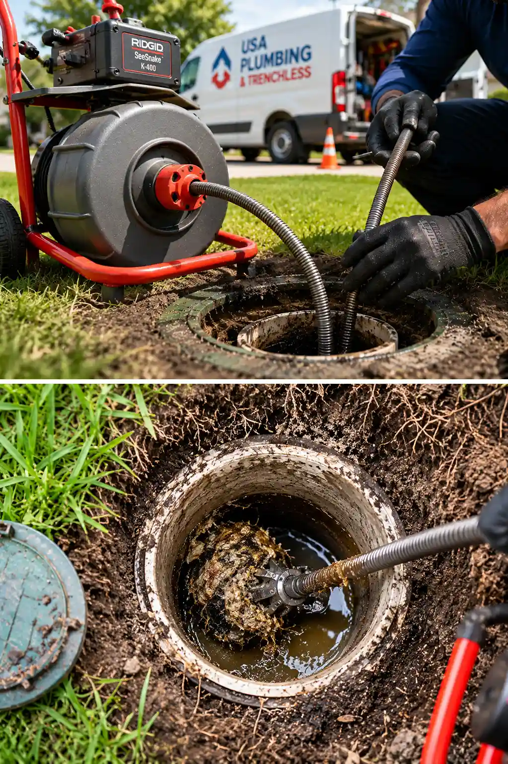 Two-panel view of drain work: a cable drum machine set over an open lawn cleanout, and the same cleanout part-cleared with sludge and root debris still standing in the pipe