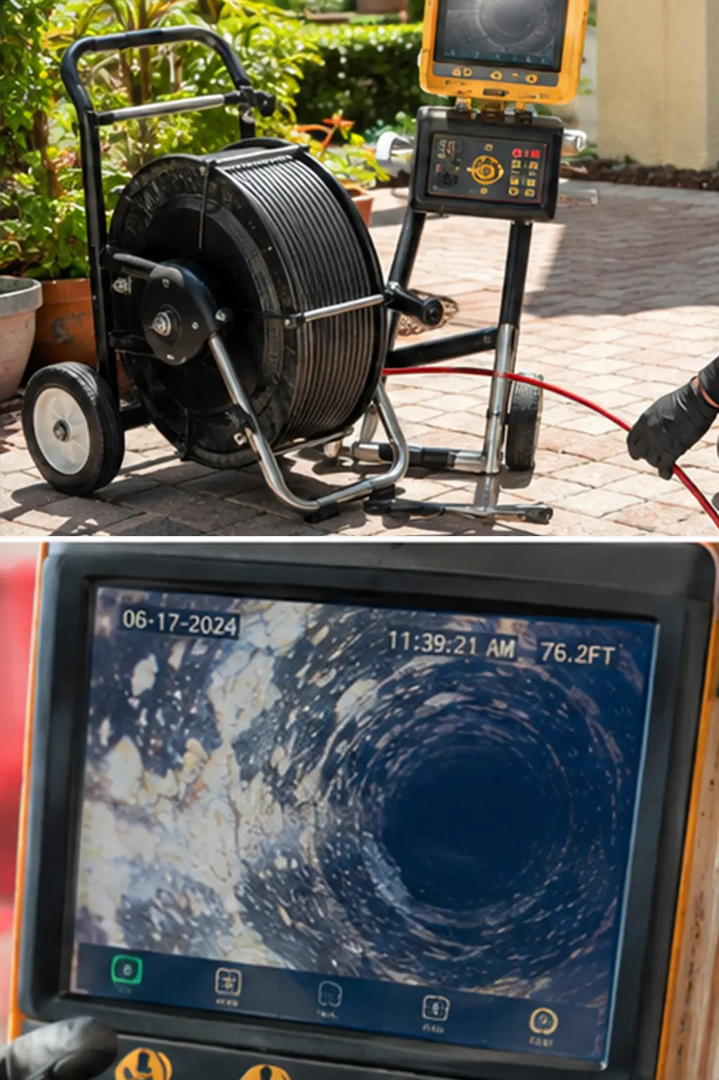 Two-panel view of a drain camera inspection: the cabled reel and colour monitor staged on a paver driveway, and the screen itself showing the inside of the line at 76.2 feet, timestamped mid-morning during the job