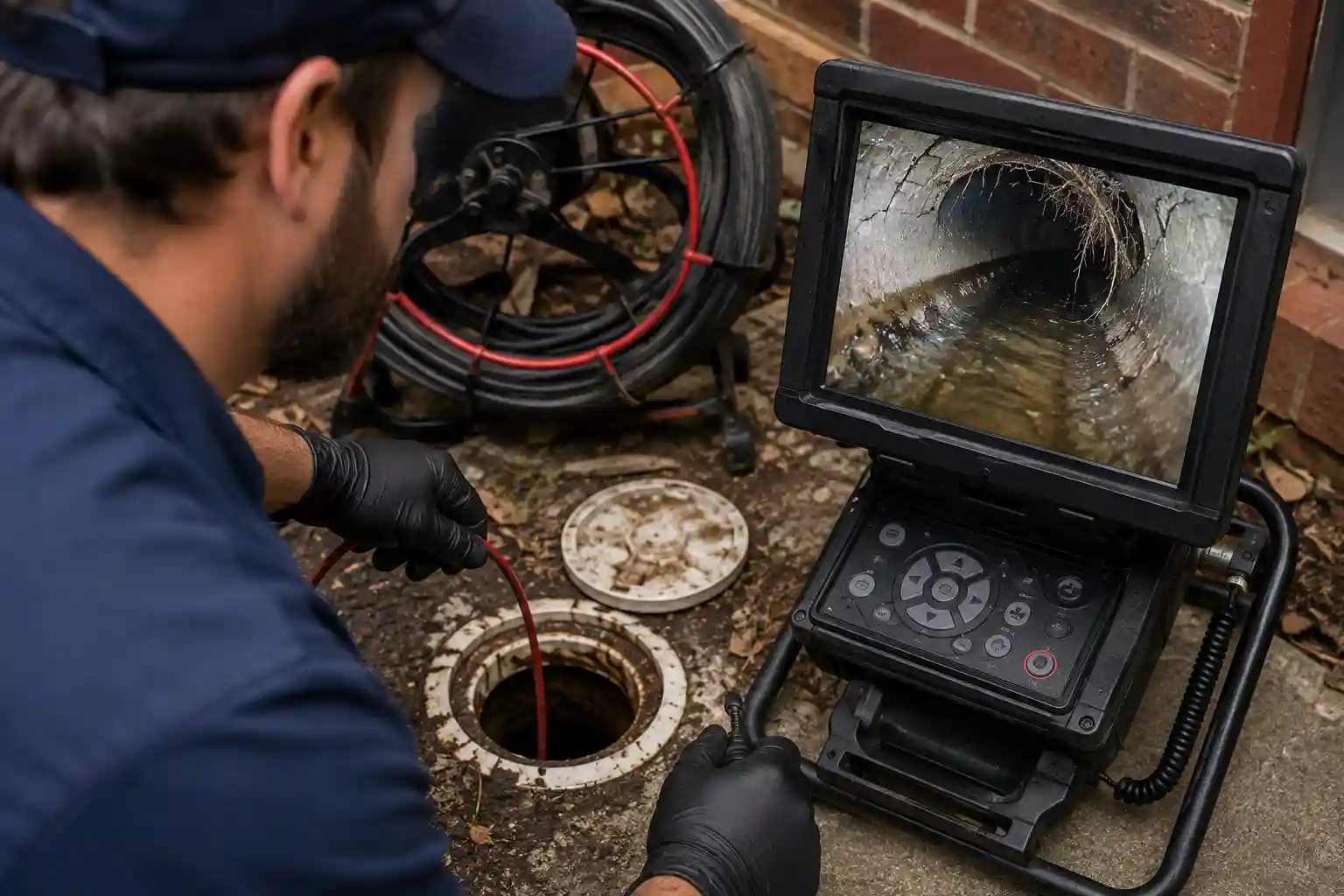 A technician kneeling at an open cleanout in a brick-edged path, guiding the camera cable in while the monitor beside him shows the newly cleared drain running with water and no remaining root intrusion