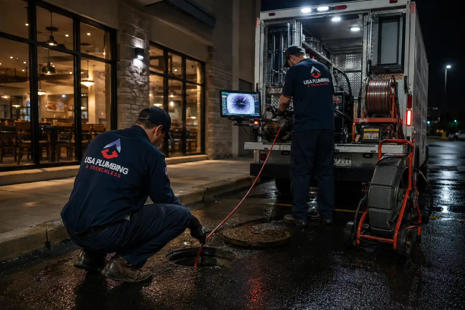 Two technicians working a cleanout on wet pavement outside a lit restaurant after closing, van doors open behind them and the camera reel and monitor staged at the tailgate